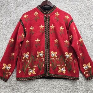 Icelandic Design Jacket Womens Medium Red Lined Full Zip Nordic Floral